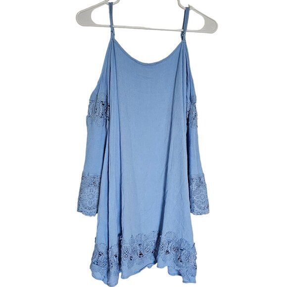 Fashion on Earth Blue Cold Shoulder Mini Dress - Women's S - Lace, Boho, Bell - Picture 2 of 10